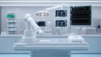 A sterile medical environment featuring advanced robotic equipment and monitoring devices, emphasizing modern technology in healthcare.