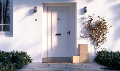 Delivery package arrival at modern home entrance urban setting realistic outdoor scene welcoming atmosphere