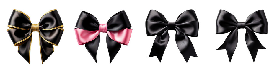 Set of black satin ribbon bows. Isolated on a transparent background
