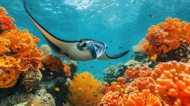 Diver observing reef manta ray (Manta alfredi), coral reef, Indian Ocean, Maldives