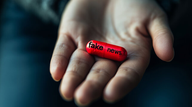 Hand holding red pill labeled fake news, misinformation concept