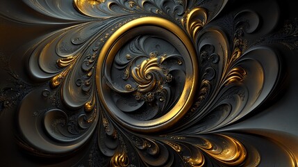 Intricate golden and black swirling abstract design with ornate metallic textures and elegant spirals.