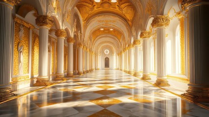 Fototapeta premium A grand, opulent hallway with golden accents and marble flooring, illuminated by natural light.