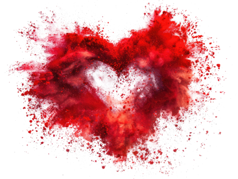 red color powder explosion in heart shape for love, romance and relationship isolated on white or transparent png