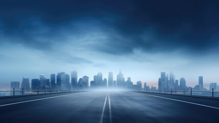 Misty Urban Skyline and Empty Road at Dawn