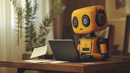 A small robot works on a laptop at a desk, surrounded by plants and soft lighting.