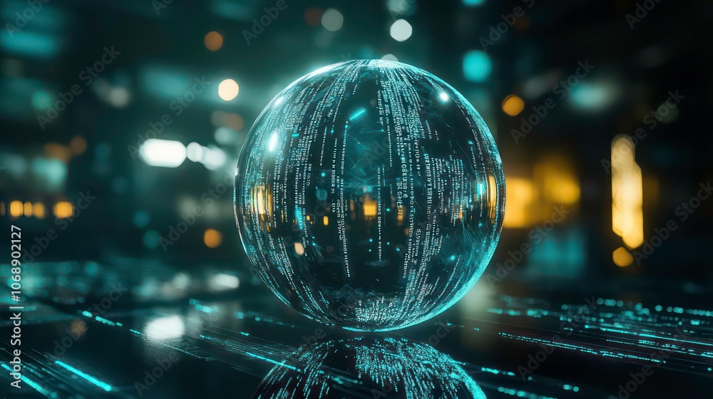 Poster A futuristic, transparent sphere displaying digital data in a high-tech environment.