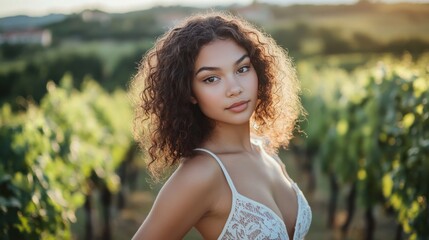 Obraz premium A beautiful Croatian girl with soft curls, posing elegantly in a vineyard overlooking rolling hills in Istria