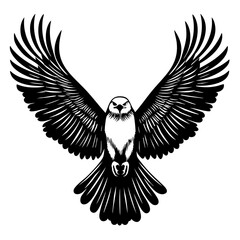 A majestic bird of prey in flight, showcasing its powerful wings and fierce expression in an intricate black vector design, embodies the beauty of nature and strength