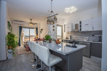 Interior design of luxury apartment living room with kitchen