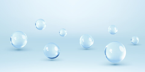 Cosmetic skincare product background. Abstract background with dynamic 3d spheres. Vector illustration of glossy balls. Horizontal banner or poster