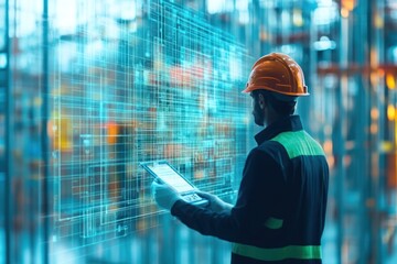 A worker in a warehouse uses a tablet to view data overlaid on the physical environment.