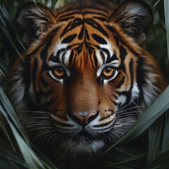Naklejka premium Majestic Tiger Staring in Dense Green Foliage