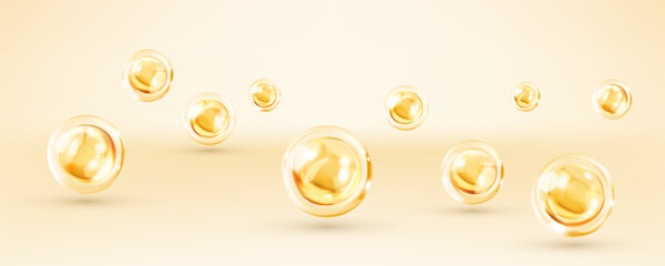 Cosmetic skincare product background. Abstract background with dynamic 3d spheres. Vector illustration of glossy balls. Horizontal banner or poster