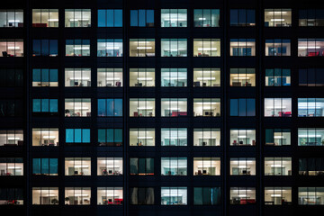 Urban Office Building Windows Lit Up at Night