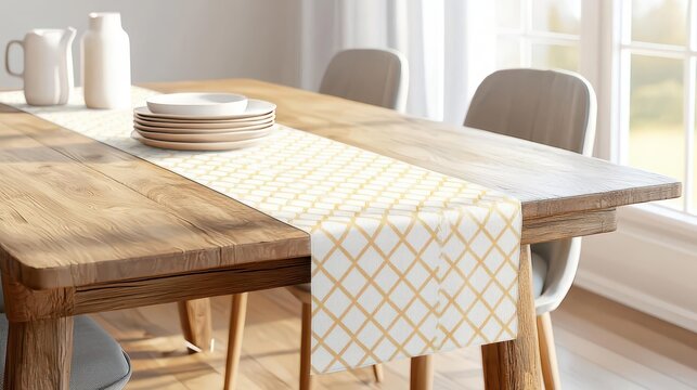Stylish dining table with decorative runner and tableware, bright natural lighting.