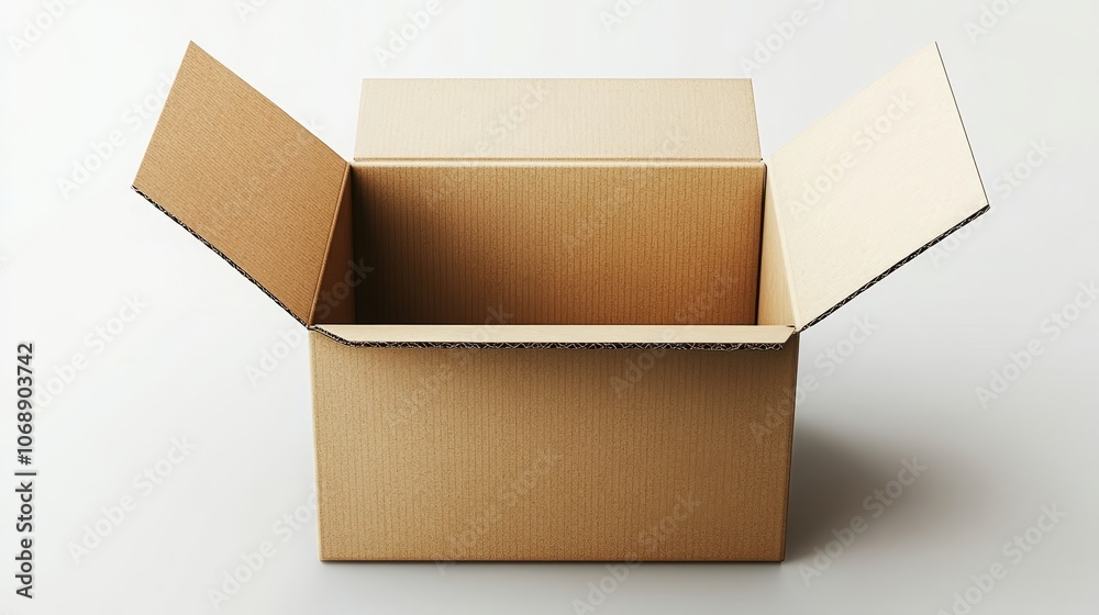 Poster A cardboard box open with flaps up. It is empty and on a white background.