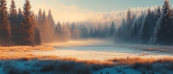 Fototapeta premium A serene winter landscape with frosty trees and a misty meadow.
