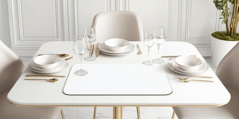 Fototapeta premium Elegant dining table set with plates, glasses, cutlery, and stylish decor.
