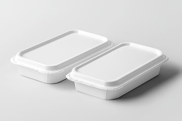 Two white rectangular food containers with lids.