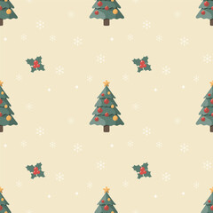Christmas pattern with christmas tree, flowers, snowflakes on a light background. Seamless background perfect for use in textiles, wallpapers, and festive decorations.