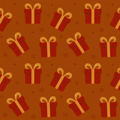 Christmas pattern with christmas gifts, snowflakes on a red background. Seamless background perfect for use in textiles, wallpapers, and festive decorations.