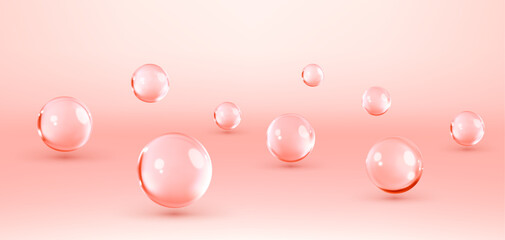 Cosmetic skincare product background. Liquid drops, cosmetic serum, gel or collagen texture. Abstract background with dynamic 3d spheres. Vector illustration of glossy balls