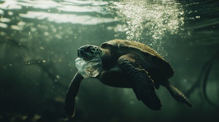 Turtle Swimming with Plastic Waste in Ocean Water