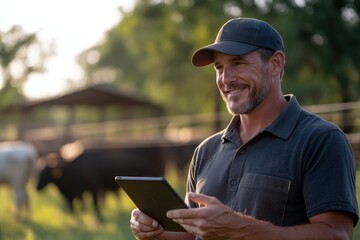 A farmer stands confidently with a tablet in hand, surrounded by grazing cattle, highlighting the melding of digital tools and traditional farming practices.