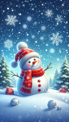 Fototapeta premium cheerful snowman wearing red hat and scarf stands in snowy landscape, surrounded by snowflakes and Christmas ornaments, evoking festive winter spirit