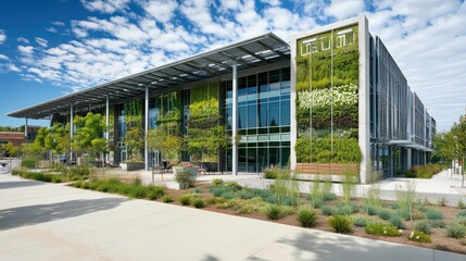 Obraz premium Modern building with green facade and landscaped surroundings under a blue sky.
