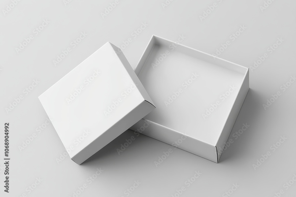 Poster white cardboard box opened and placed on white surface. perfect for branding and product presentatio