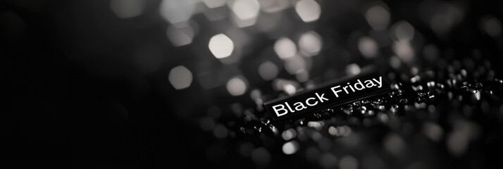 White Black Friday text on black background with delightful bokeh lights. Banner for seasonal sale in November in store