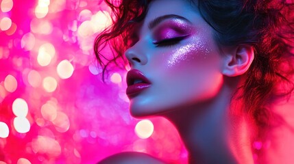 Fototapeta premium A glamorous girl with a dramatic hairstyle and makeup, photographed against a vibrant, neon-lit background