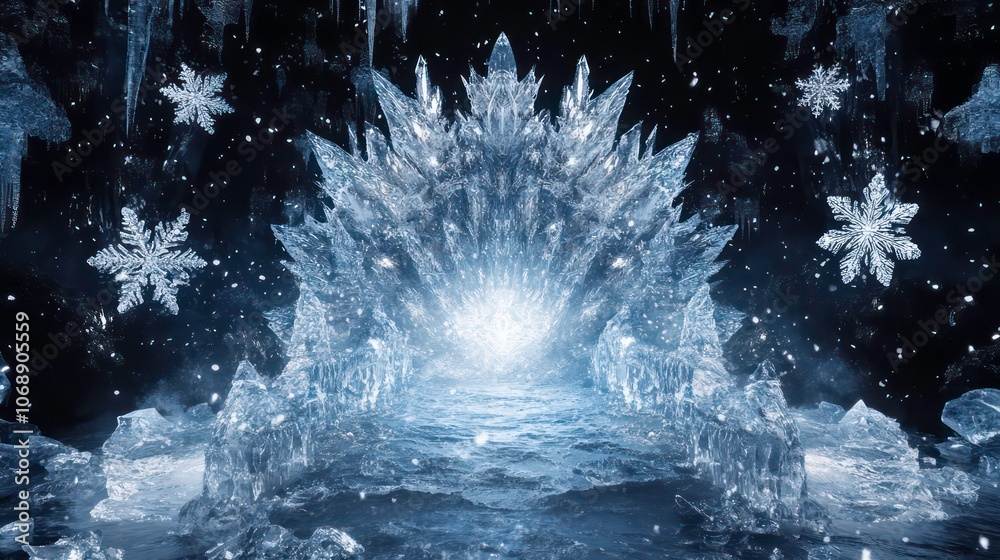 Poster an icy crystal throne surrounded by snowflakes and shimmering light in a dark setting.