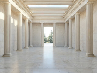 Fototapeta premium grand classical interior featuring tall columns and marble flooring, illuminated by natural light streaming through skylights. serene atmosphere invites contemplation and admiration