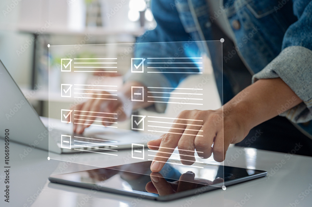 Fototapete Businessman Using a Touchscreen for Task Planning and Goal Management: Digital Checklist Interface Optimized for High Efficiency Workflows, Business Strategy, and Online Communication