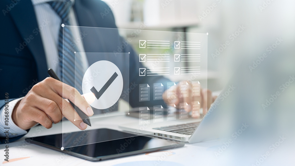 Fototapete business professional using digital checklist interface, interactive planning and task management on
