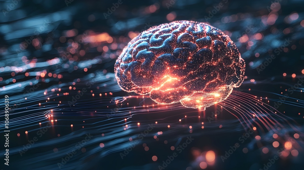 Poster glowing brain at the center of neural network with flowing data streams