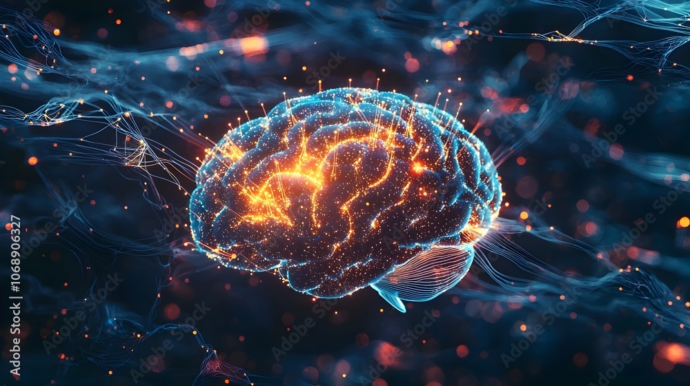 Poster glowing neural network brain representing information processing and intelligence