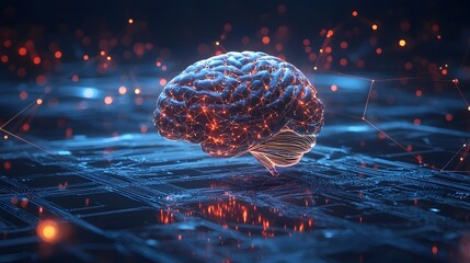Futuristic Brain Visualized in Digital Space with Glowing Holographic Data Streams