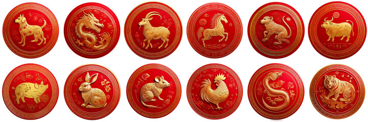 set of round thumbs with animals of chinese zodiac signs, isolated china astrology signs in red and gold colors
