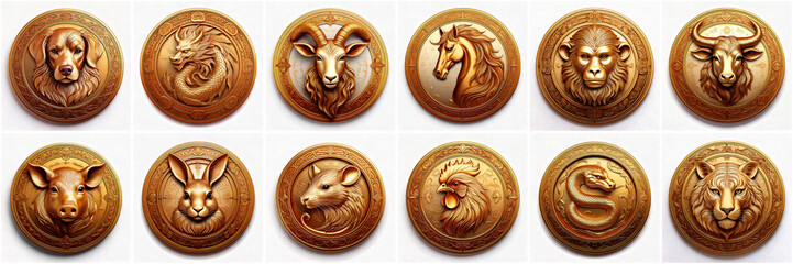 set of round thumbs with animals of chinese zodiac signs, isolated china astrology signs in brown and gold colors