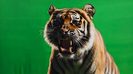 Portrait of a tiger on a green background in the studio. Tiger with green screen, chroma screen background image. Tiger Studio photo, image  Concept for animal, zoology and capture for adverb. banner