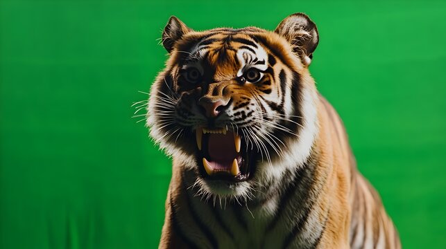 Portrait of a tiger on a green background in the studio. Tiger with green screen, chroma screen background image. Tiger Studio photo, image  Concept for animal, zoology and capture for adverb. banner