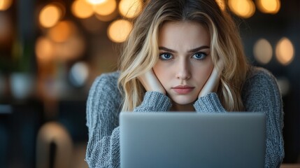 A young woman with blonde hair sits at a table with a laptop, looking thoughtfully at the camera.