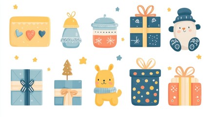 A set of colorful presents and a snowman are displayed in a row