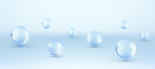 Cosmetic skincare product background. Liquid drops, cosmetic serum, gel or collagen texture. Abstract background with dynamic 3d spheres. Vector illustration horizontal banner or poster