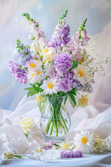 vase of purple and white flowers on table creates serene and elegant atmosphere. delicate arrangement includes daisies and snapdragons, set against soft pastel background