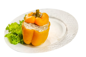 pepper stuffed meat and rice tasty food dish second course Fresh delicious gourmet food background on the table rustic food top view copy space top view